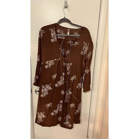 Three Little Birds Cotton Gauze Brown Boho Dress Size L - Picture 2 of 9
